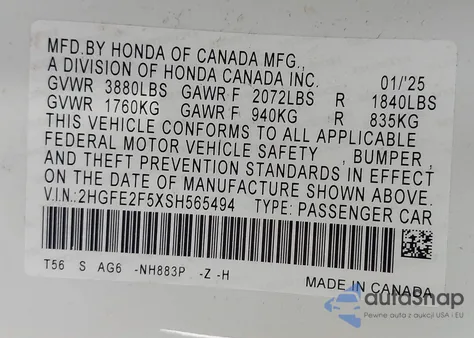 2025 Honda Civic Sport из США, поврежденный, VIN 2HGFE2F5XSH565494